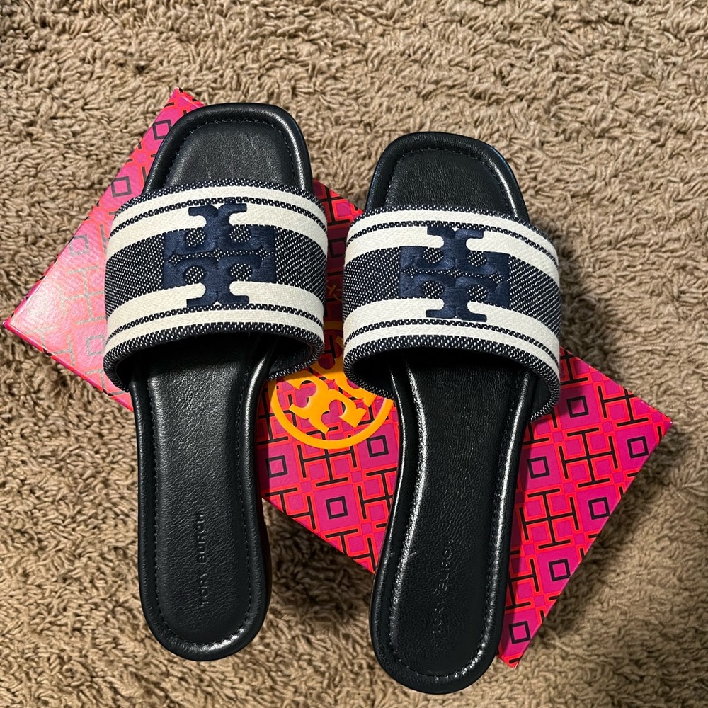 Tory Burch Striped Navy and Cream Slides